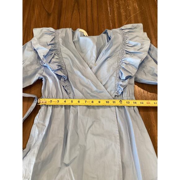 Karlie morgan poplin Wrap Tie Ruffle Puff Sleeves Mini Dress Blue Cotton Large - Picture 3 of 10